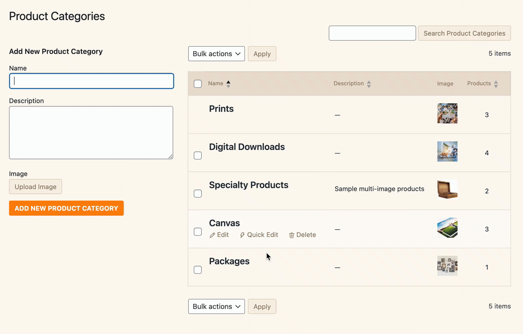 Screenshot of ordering product categories