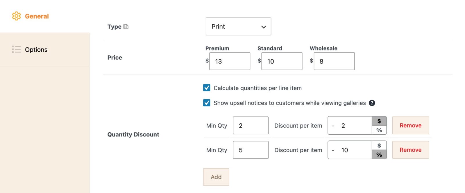 Screenshot of admin showing where to add quantity discounts for a product