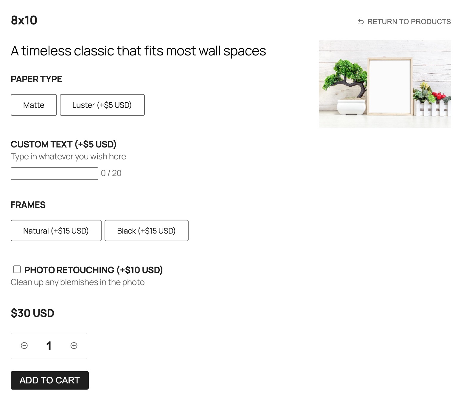 Screenshot of product options during add to cart process