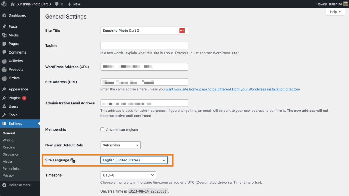 WordPress admin screen on where to set your language