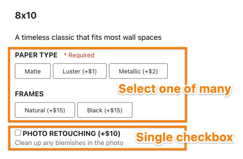 Screenshot of what the product option types look like to a customer