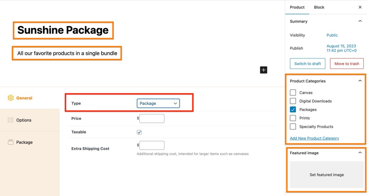 Screenshot of setting up a package product in Sunshine Photo Cart