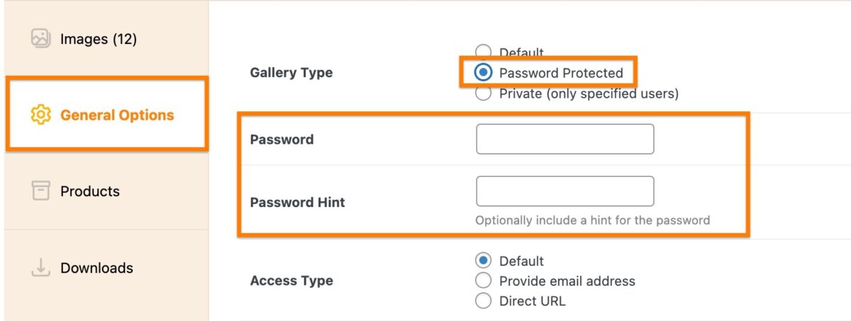 Screenshot of how to set a password protected gallery