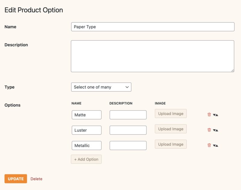 Screenshot of managing product option items