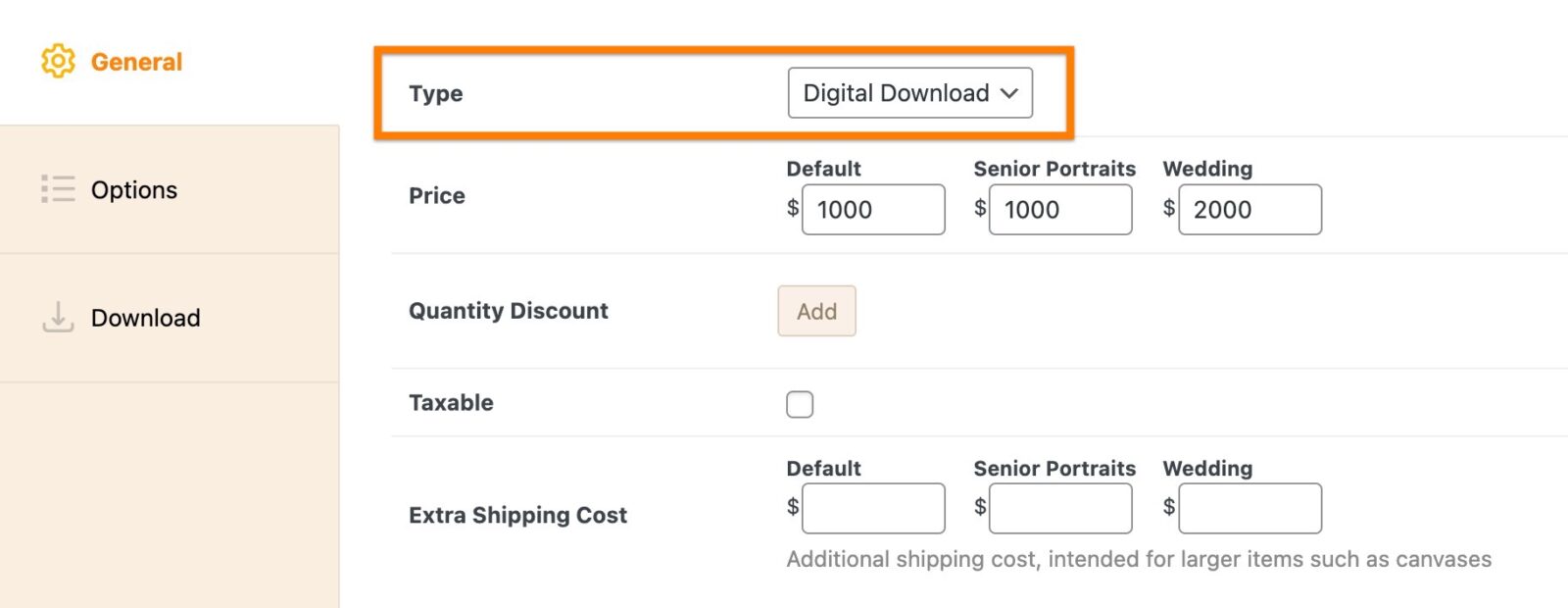 Screenshot of admin where to select the Digital Download product type
