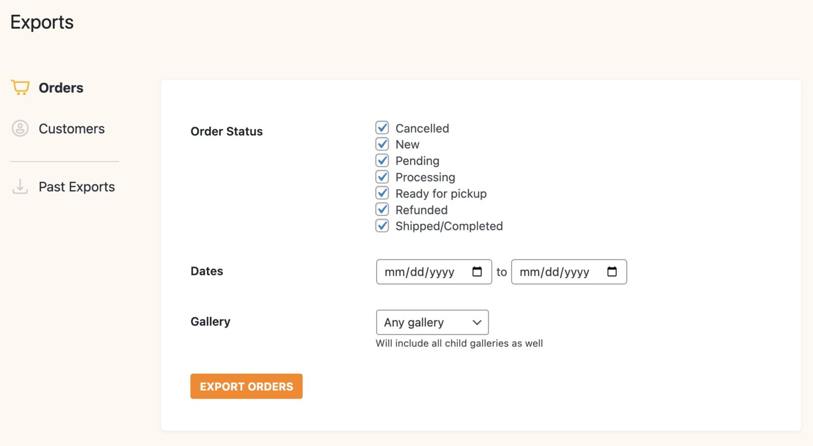 Screenshot of admin order export screen