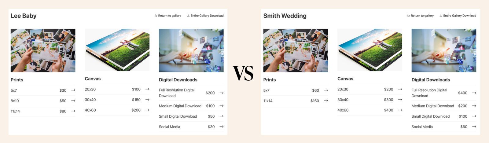 Screenshot showing two galleries side by side with different pricing for products