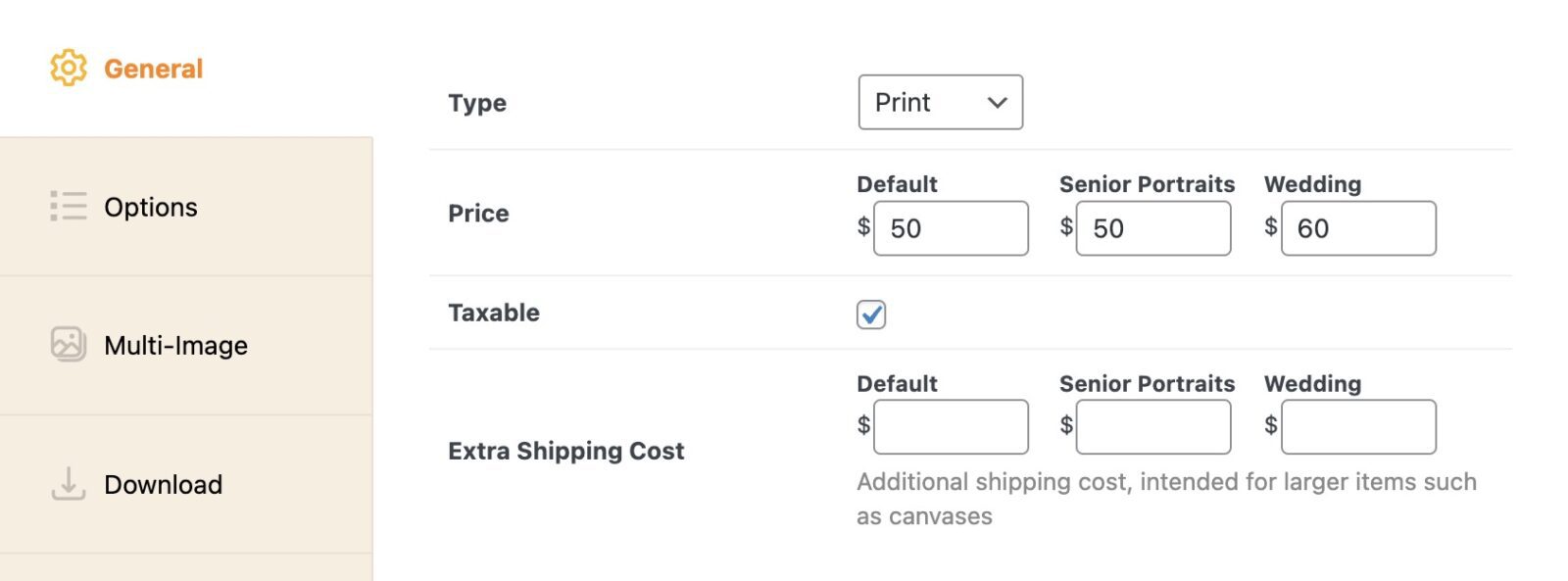 Screenshot of entering prices for a product with multiple price levels