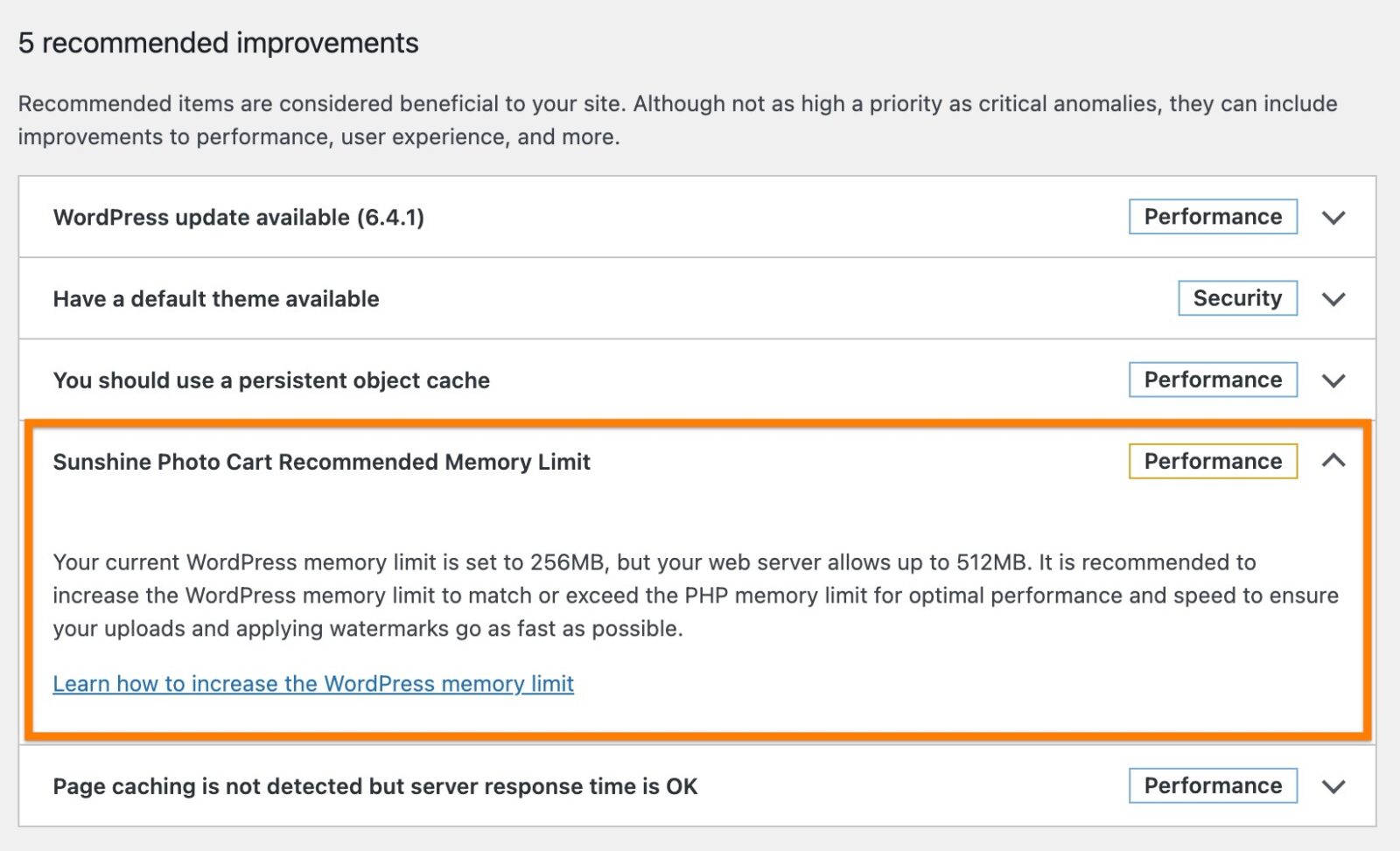 Screenshot of memory allowance notice in WordPress admin