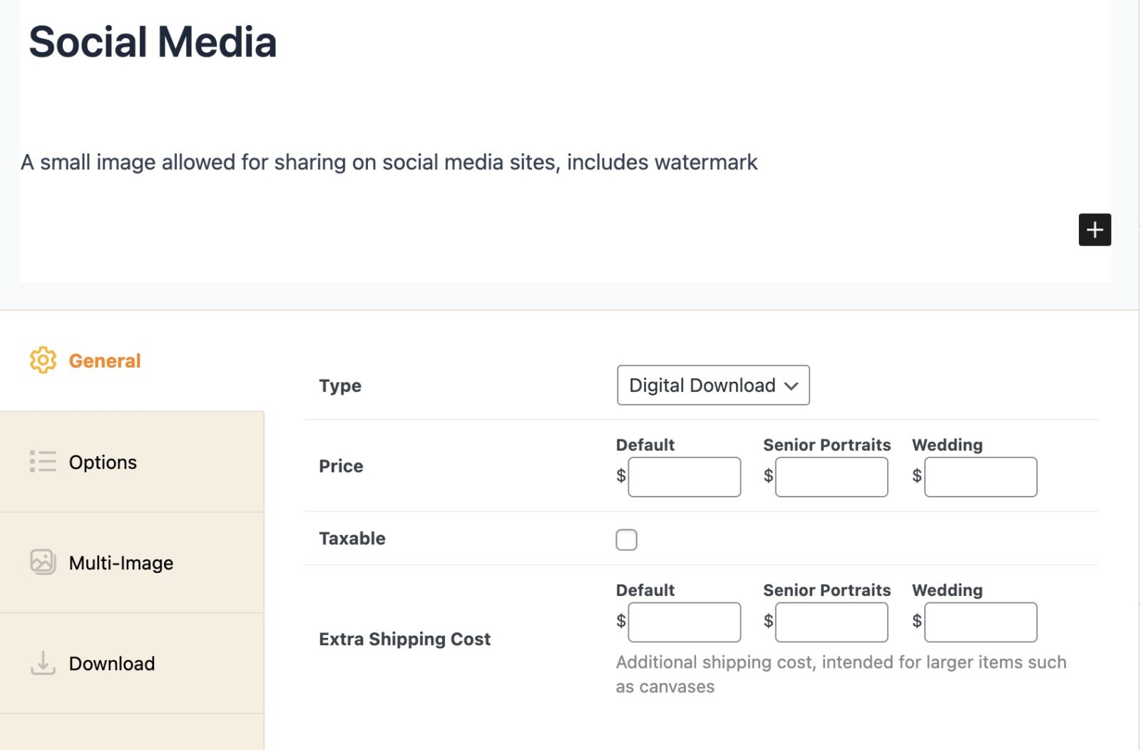 Admin screenshot of default digital download product options