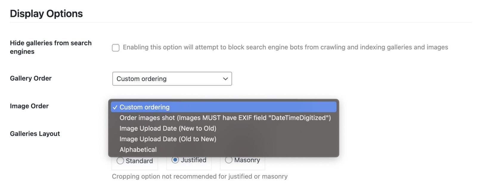 Screenshot of client photo gallery image order settings