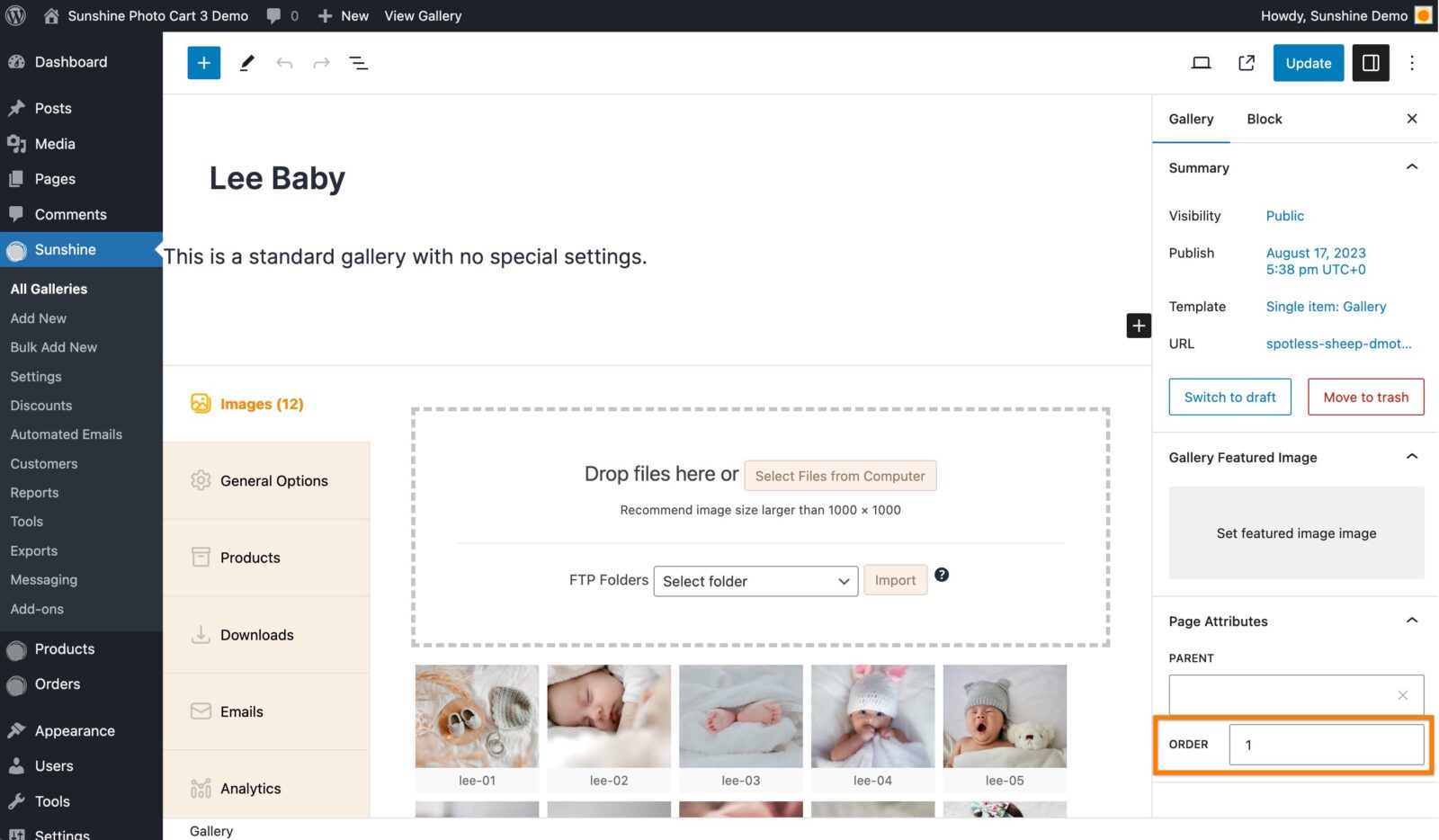 Screenshot of custom client photo gallery order setting