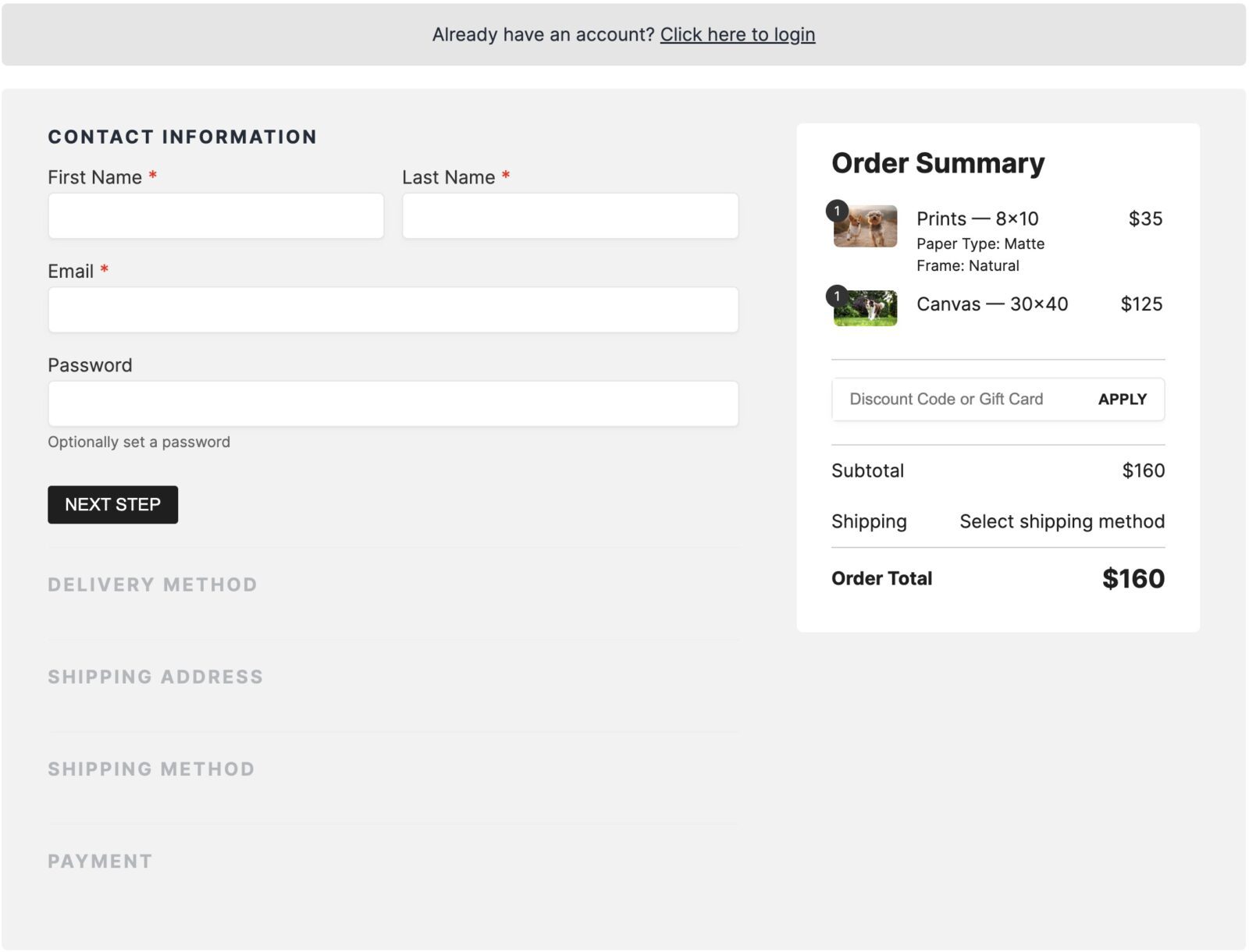 Screenshot for default checkout page of client galleries for photographers