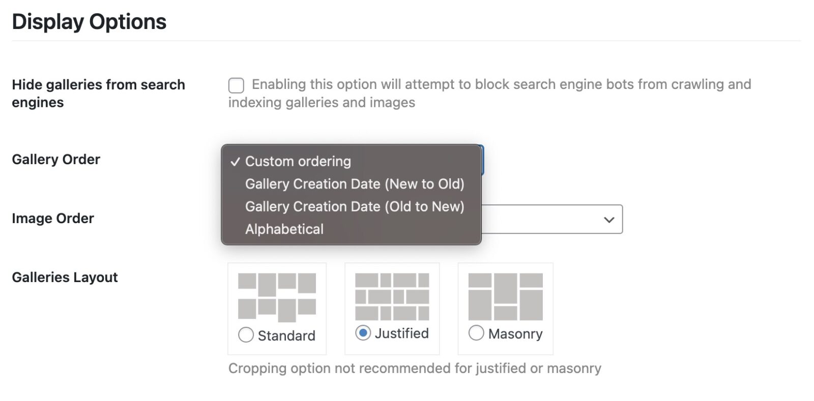 Screenshot of client photo gallery settings