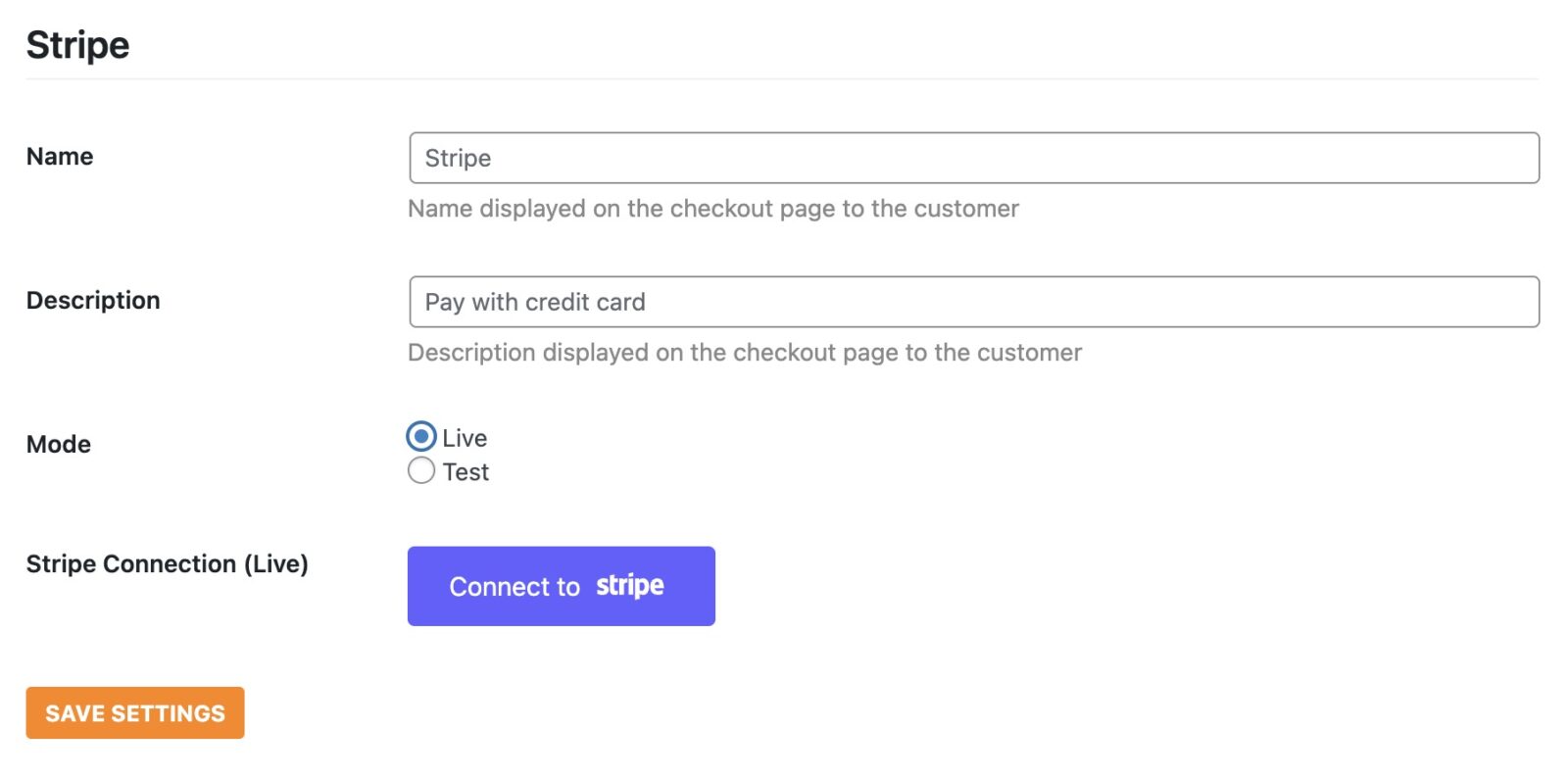 Stripe connection settings screen