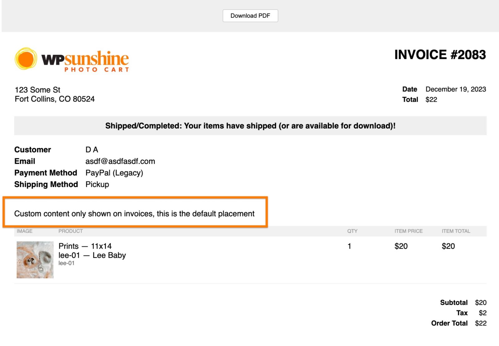 Screenshot showing where custom text is added to an invoice