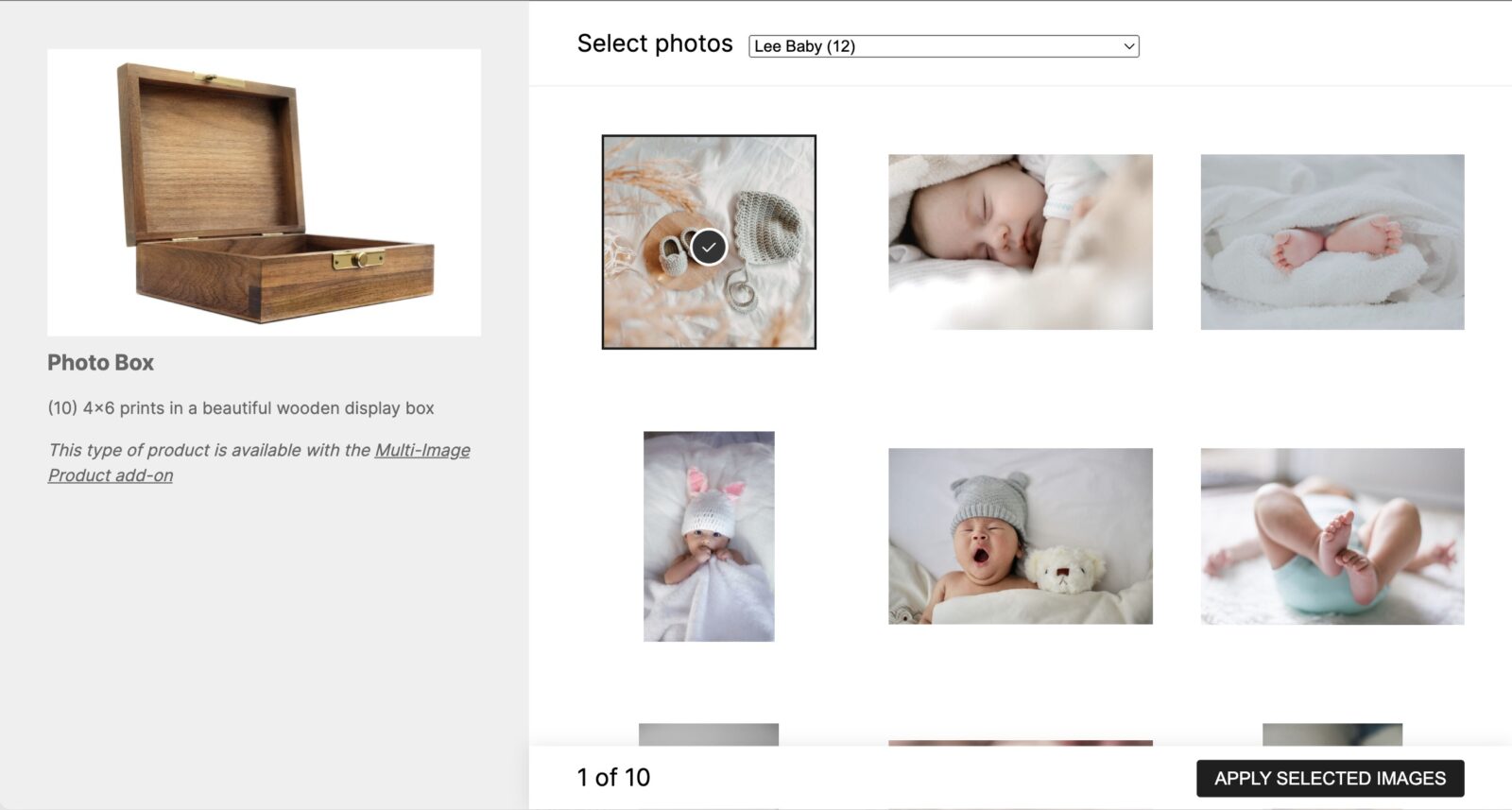 Screenshot of customer selecting photos for product