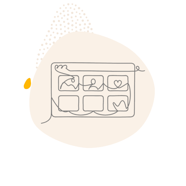 Line drawing of a browser window full of photos