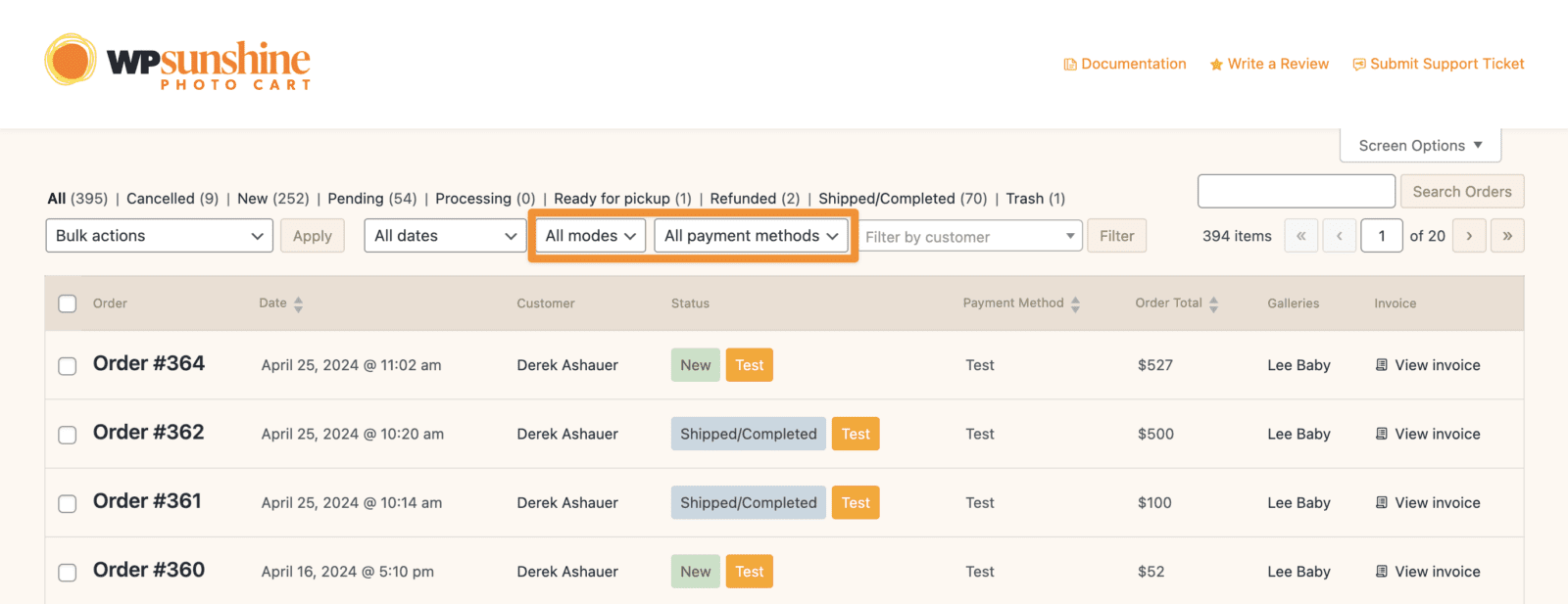 Screenshot of orders admin highlighting new filters