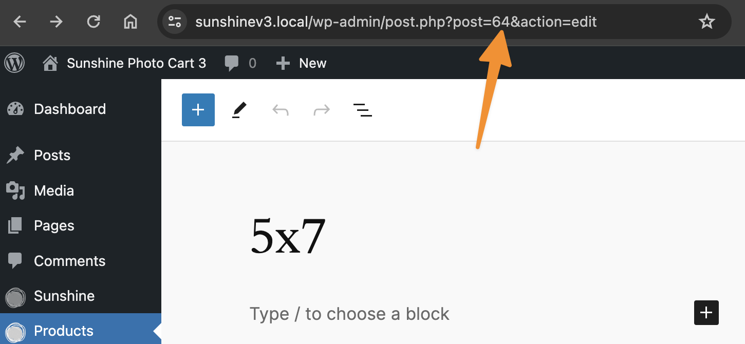 Screenshot showing product id in URL when editing