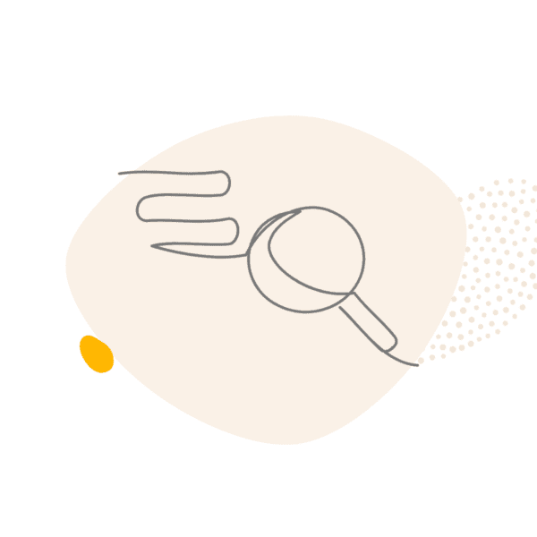 Line drawing of a magnifying glass over a list