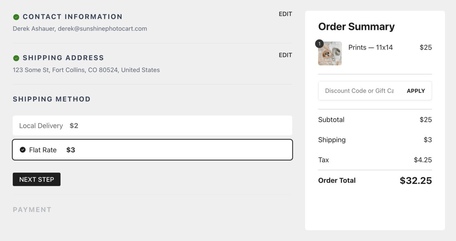 Screenshot of flat rate shipping option shown