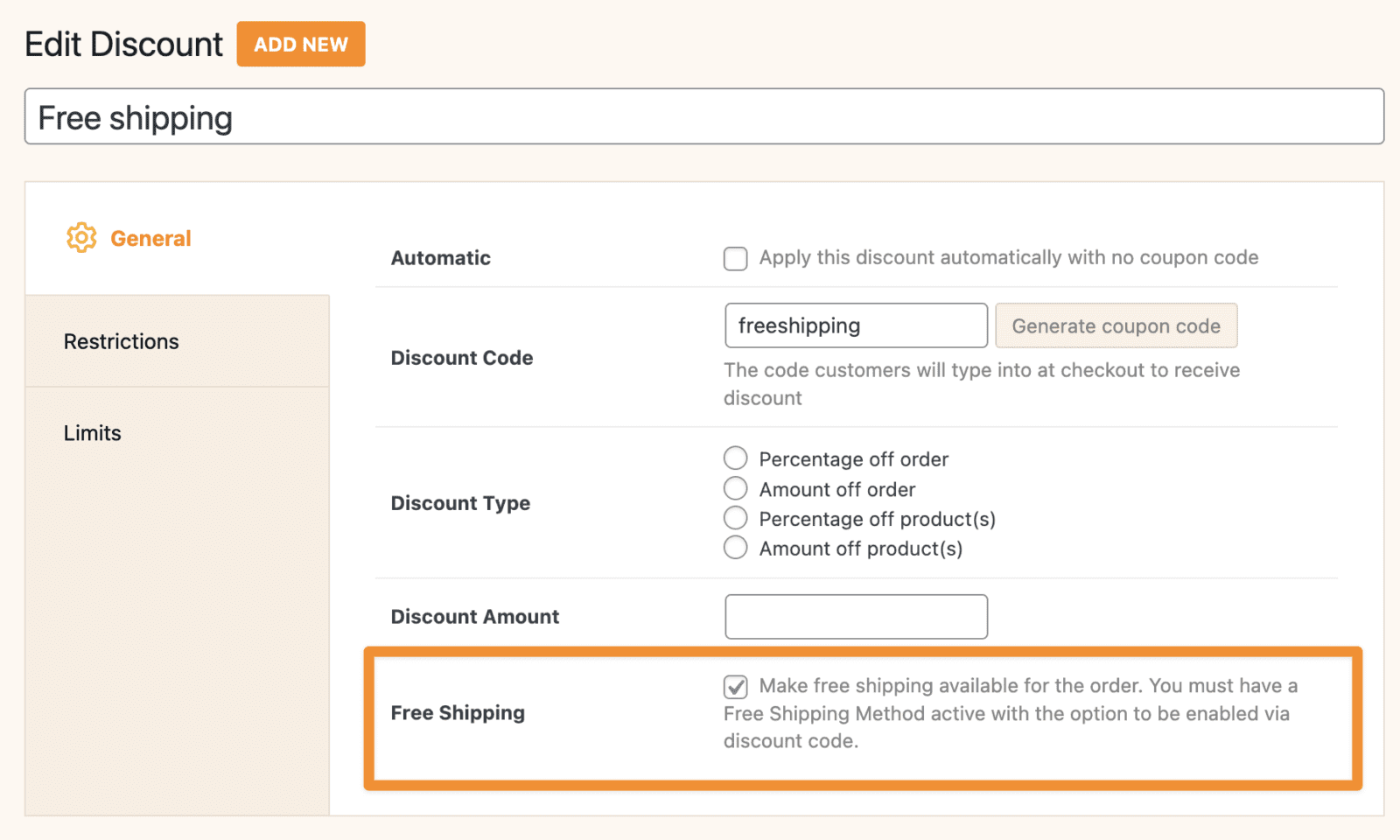 Screenshot of how to configure free shipping discount code