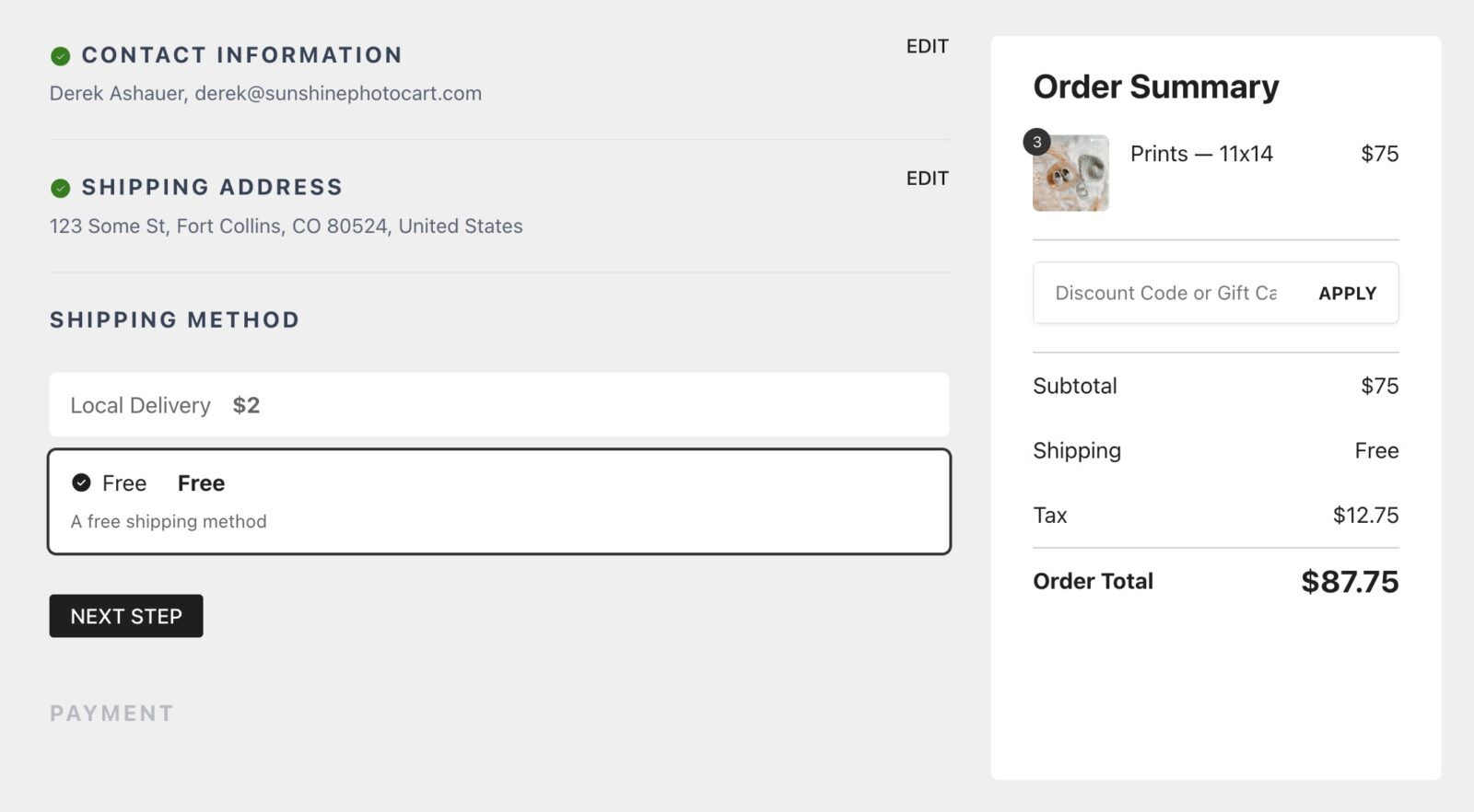 Screenshot of free shipping method shown