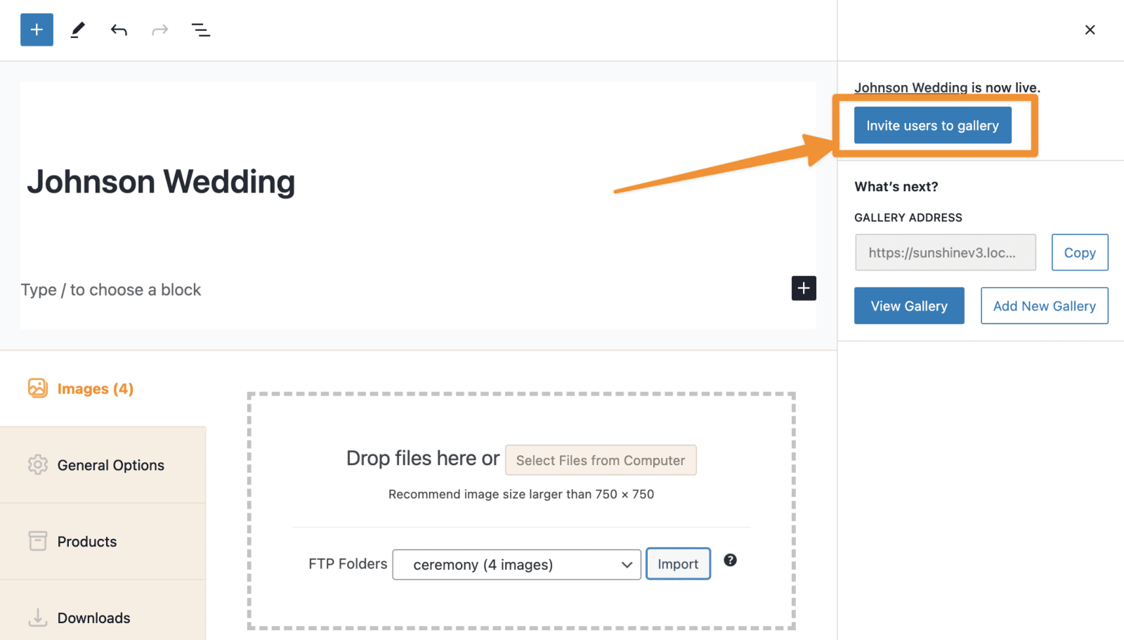 Screenshot of new button to invite users to gallery after publishing