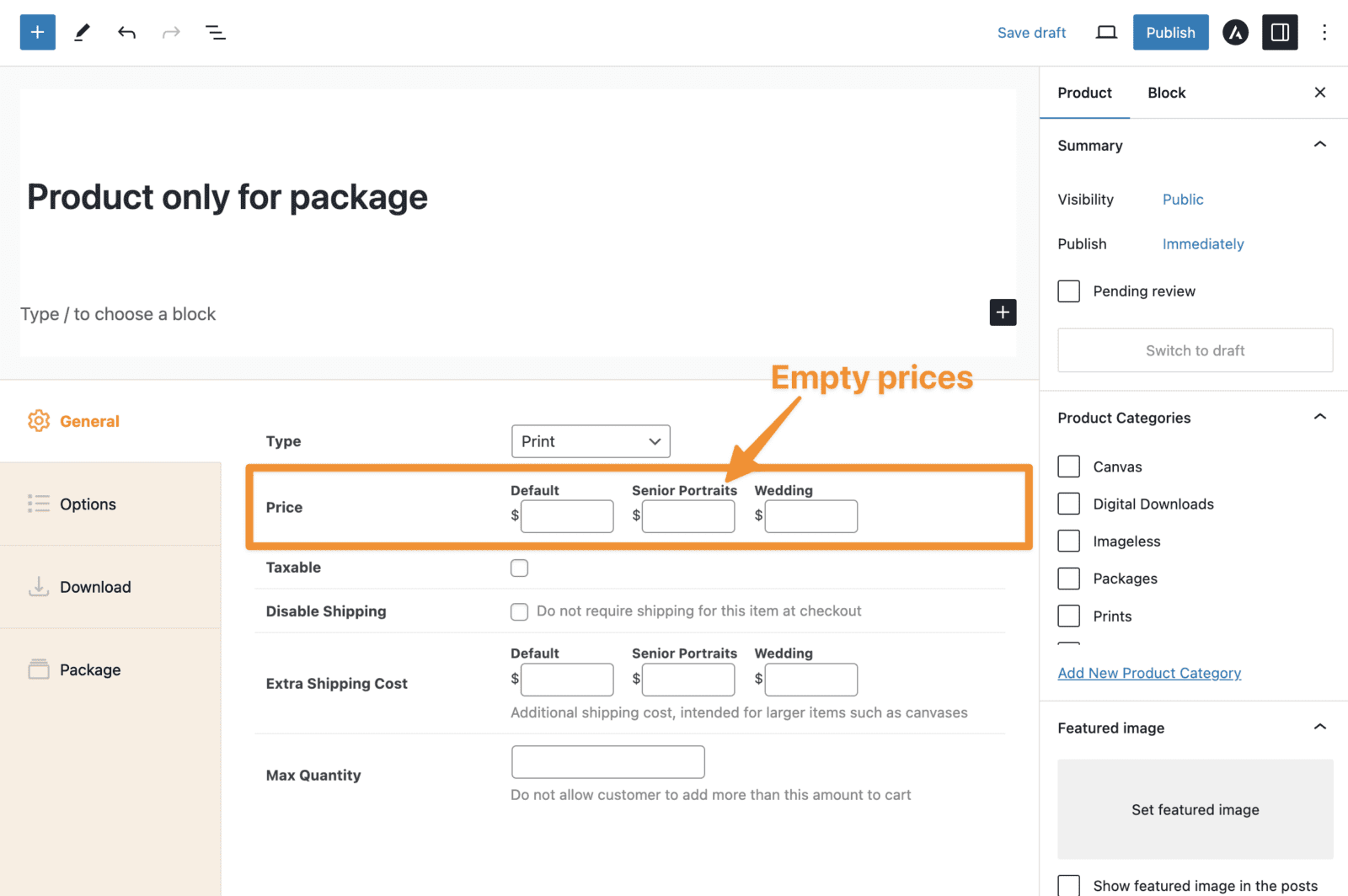 Screenshot of product admin screen with empty prices