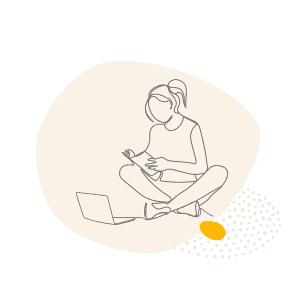 Line drawing of a woman reading on a laptop