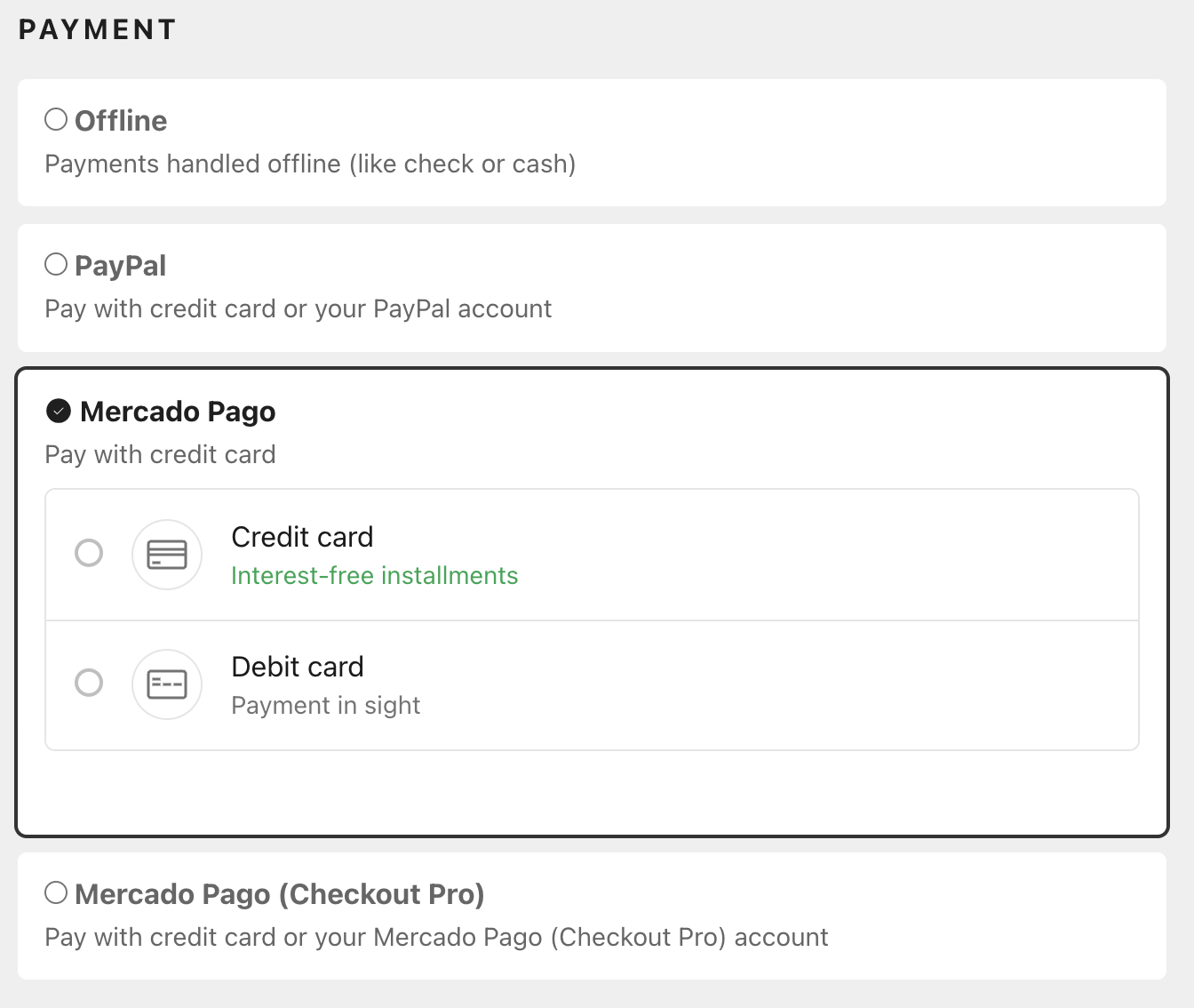 Mercado Pago payment fields within the Sunshine Photo Cart checkout page