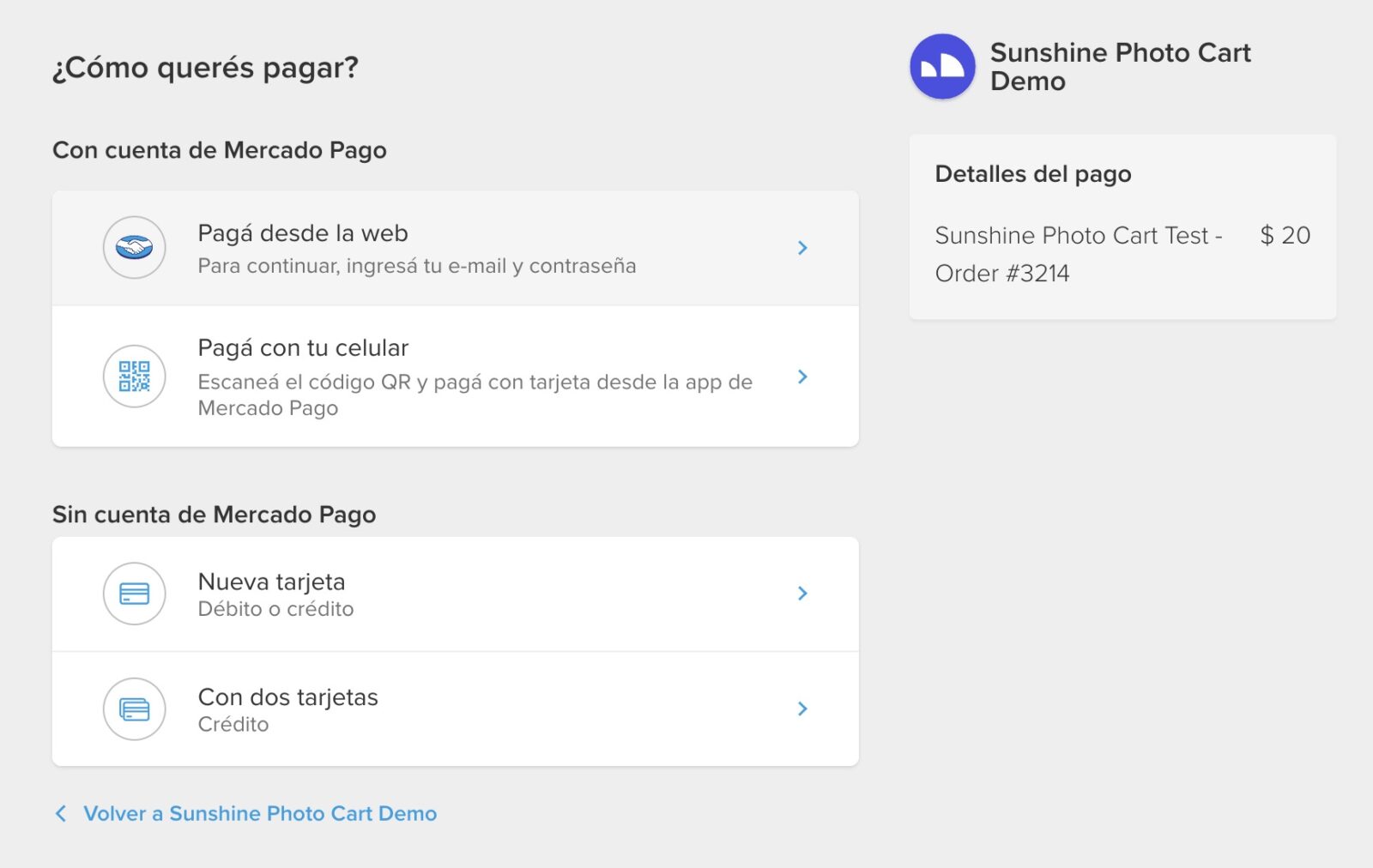 Mercado Pago Checkout Pro example integrated with Sunshine Photo Cart