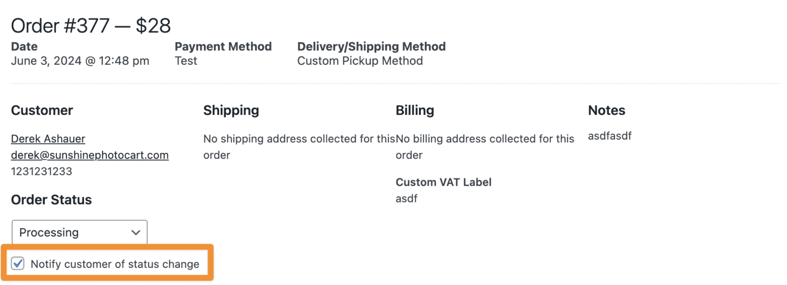 Order status update email option