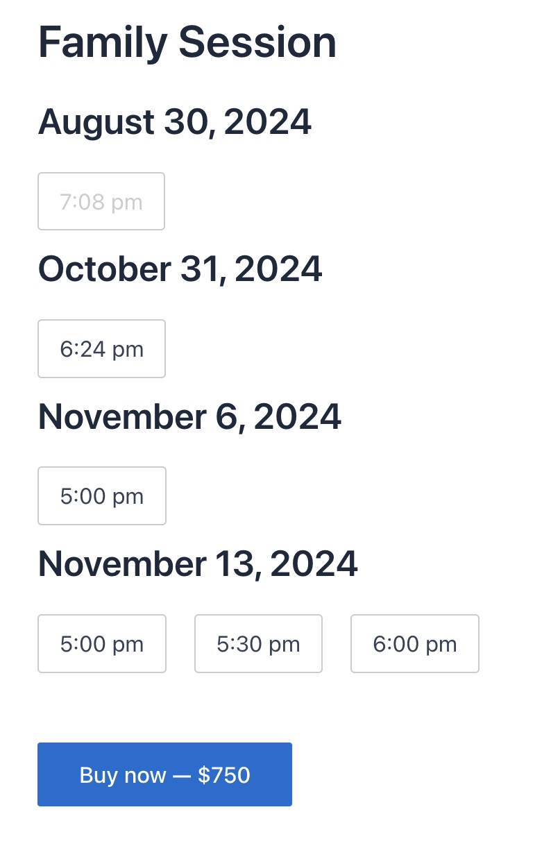Customer view for session date/time selection