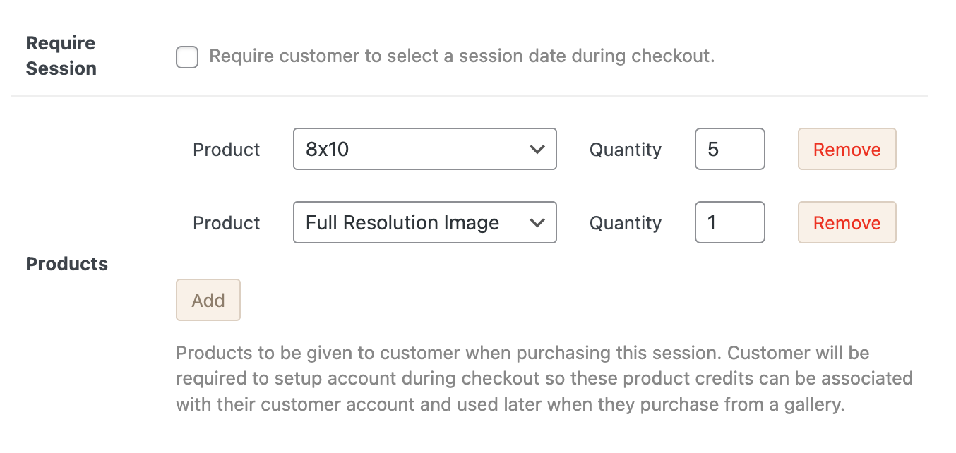 Screenshot of session product in admin