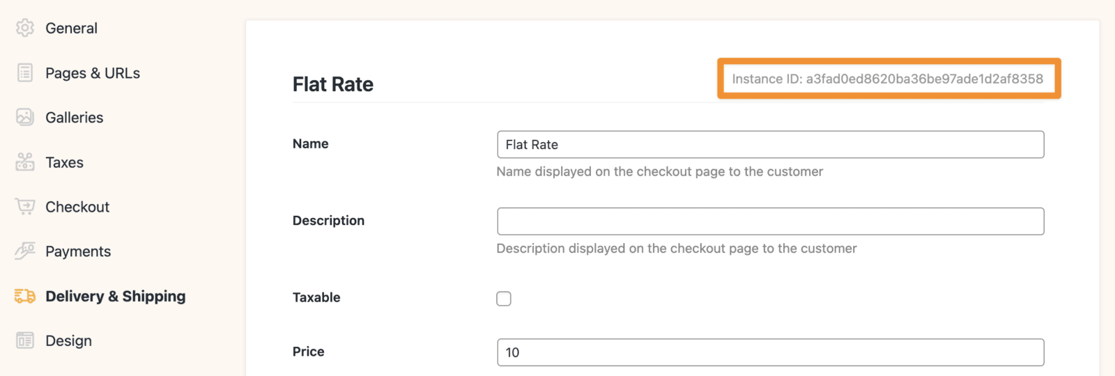 Screenshot showing where to find the shipping method instance ID