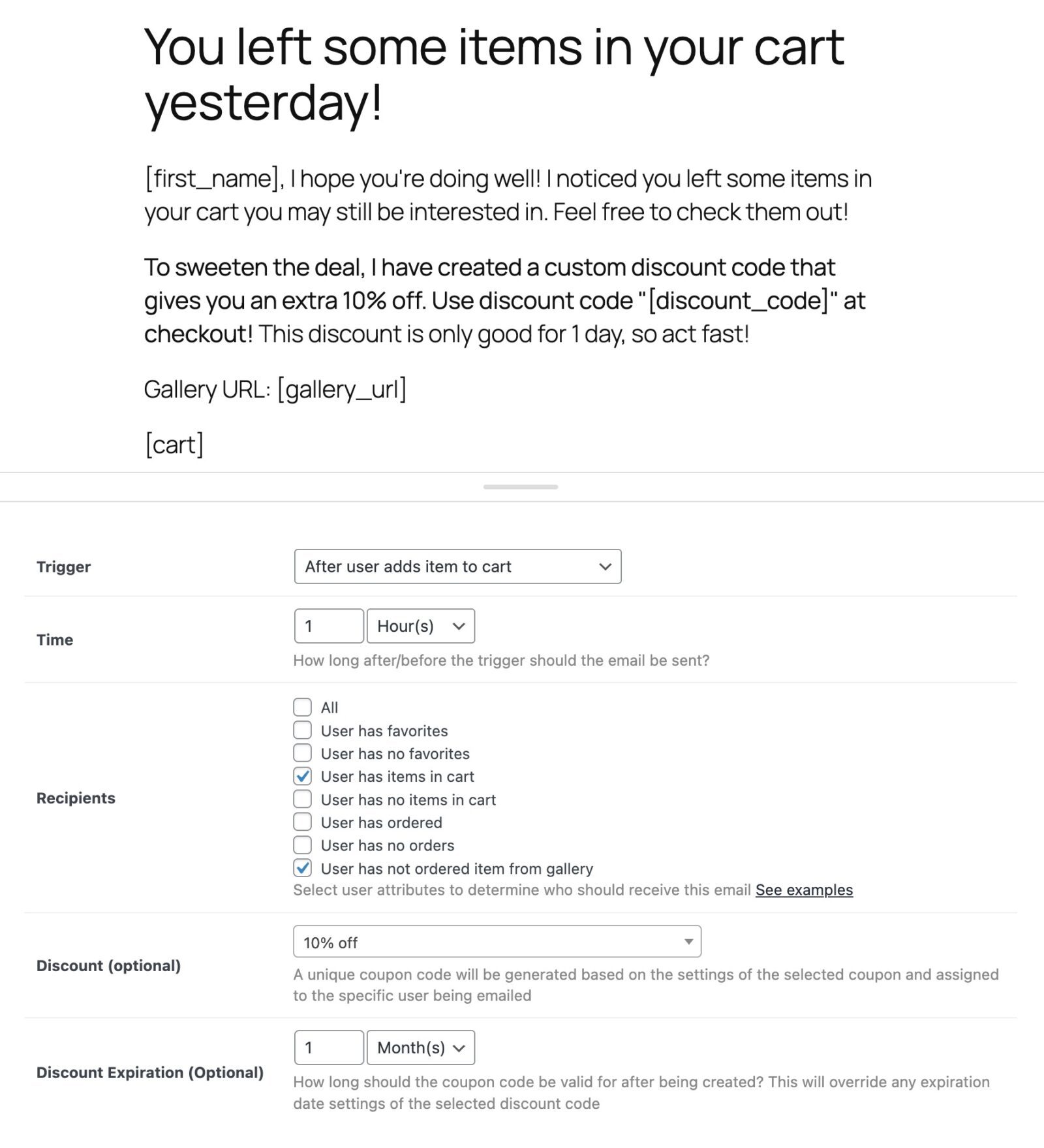 Screenshot of abandoned cart recovery emamil