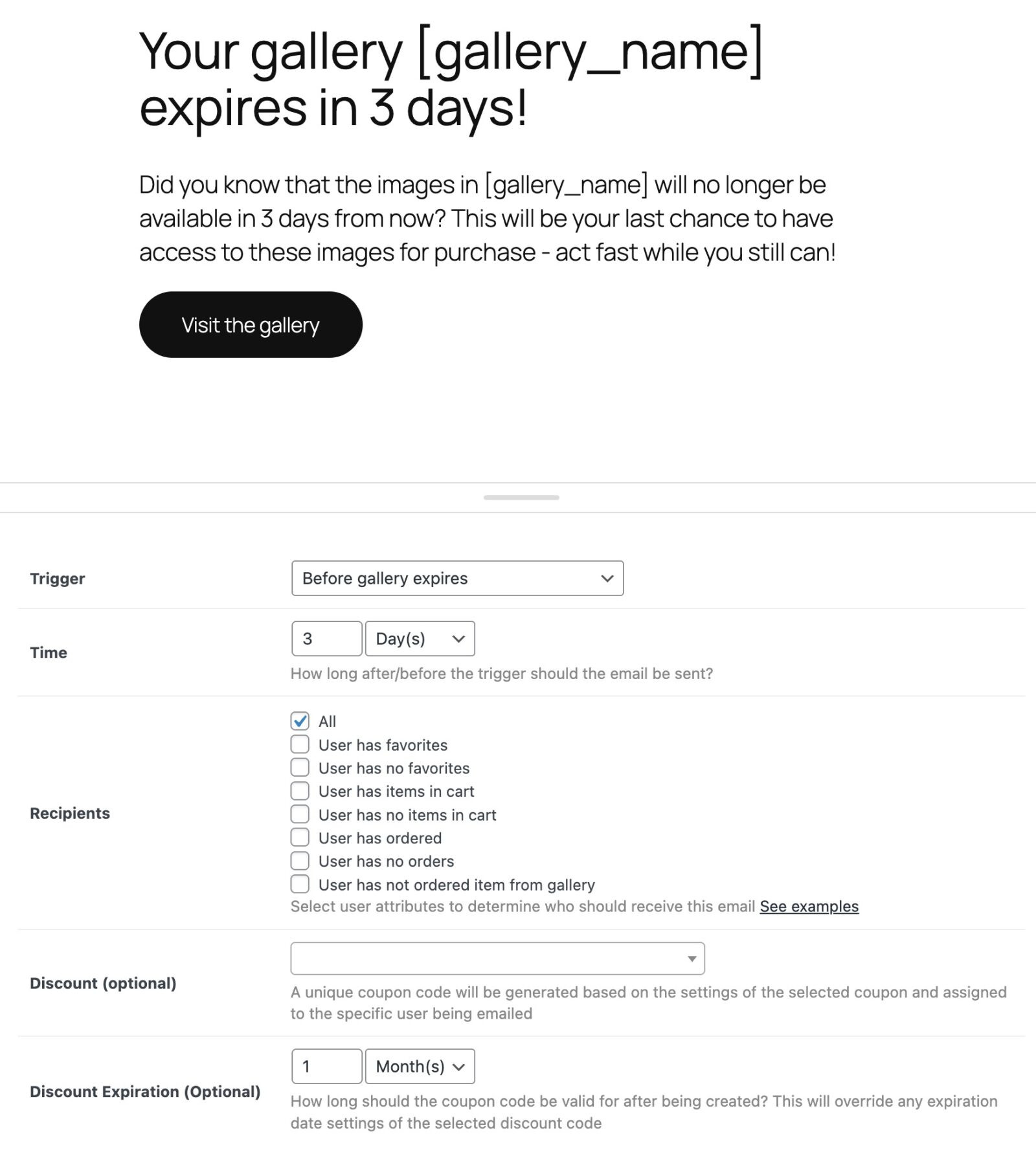 Screenshot for gallery expiration automated email settings