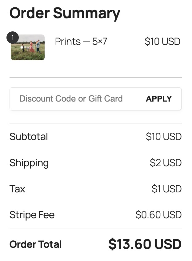 Screenshot of order summary with payment fee shown