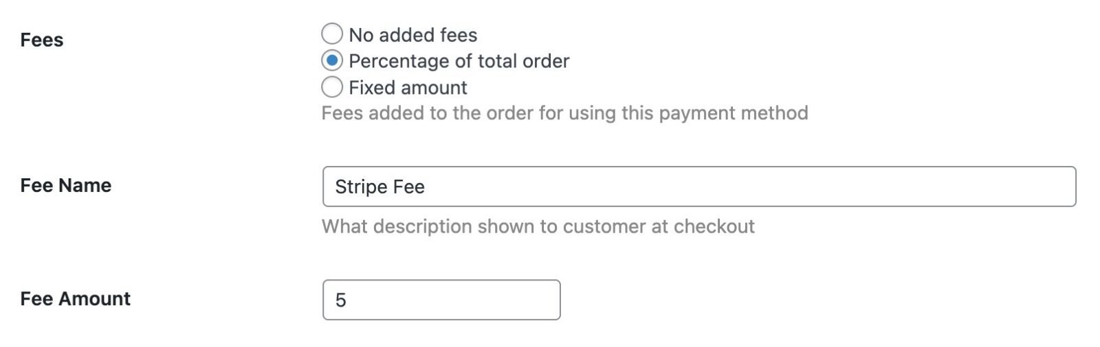 Screenshot of payment fees options