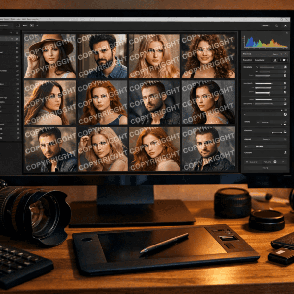 Photography gallery with AI-resistant watermark protection applied across portrait images