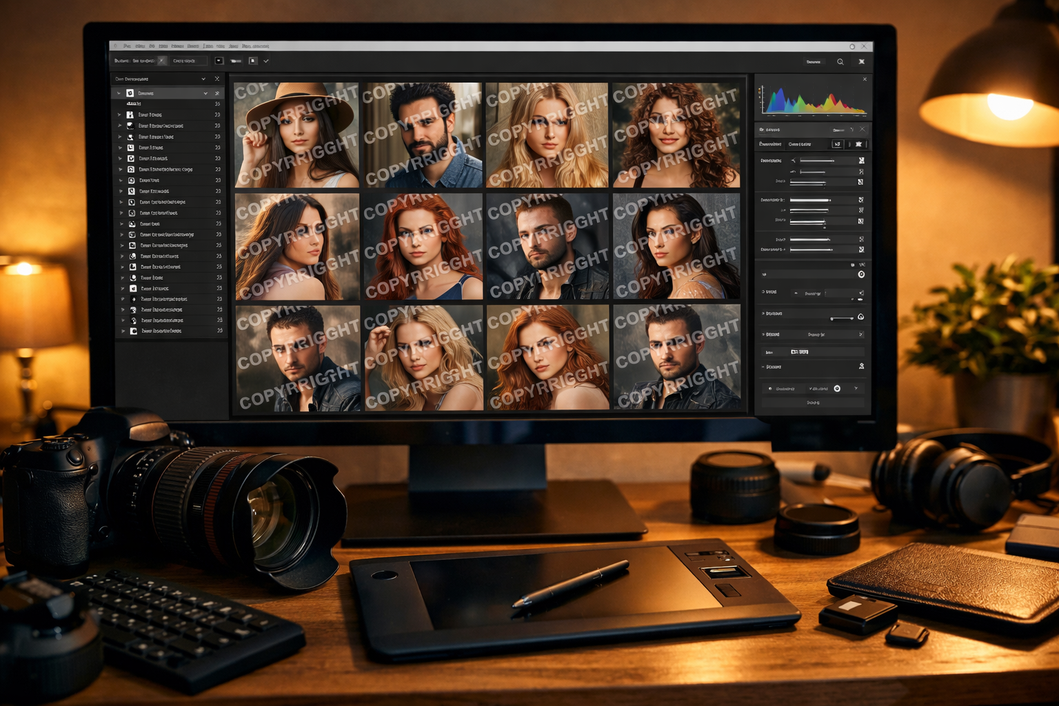 Photography gallery with AI-resistant watermark protection applied across portrait images