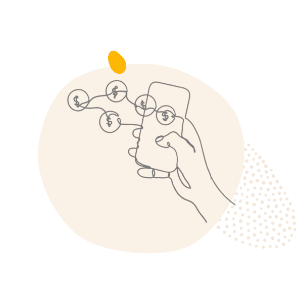 Line drawing of a hand holding a phone with coins