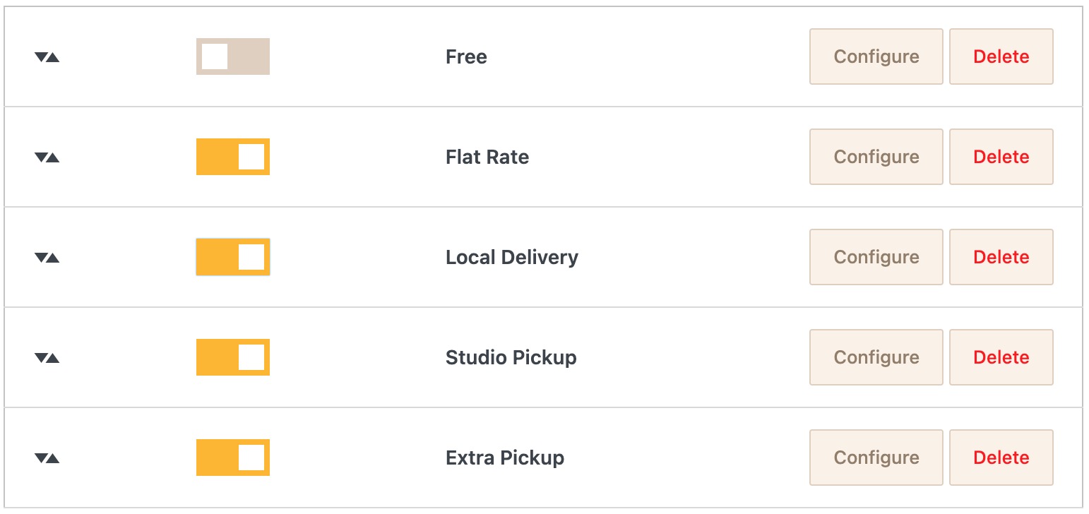 Sunshine admin shipping methods table showing multiple pickup locations alongside other shipping methods