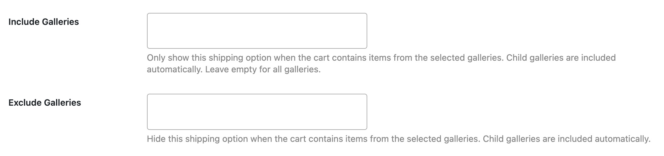 Advanced Shipping settings showing Include Galleries and Exclude Galleries fields on a shipping method