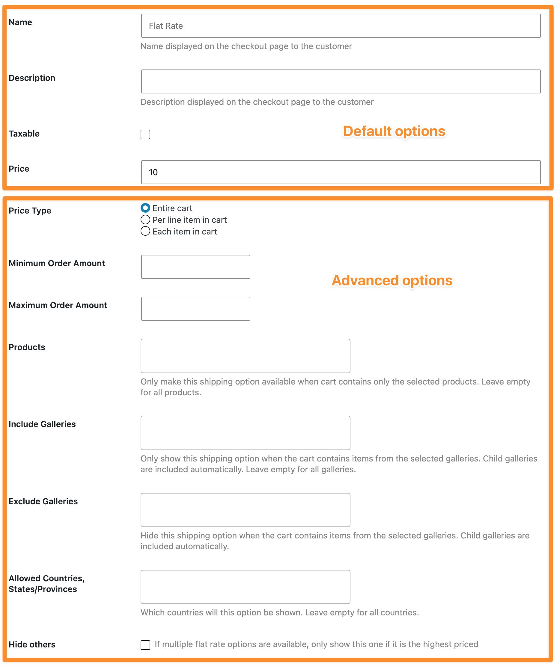 Advanced Shipping options panel showing per-method settings like price type, order minimum, gallery filters, and country restrictions