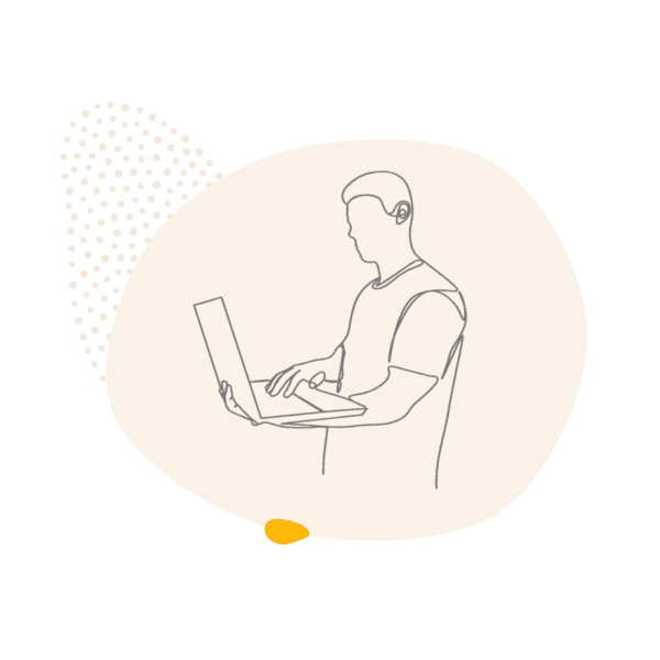 Line drawing of a man working on a laptop