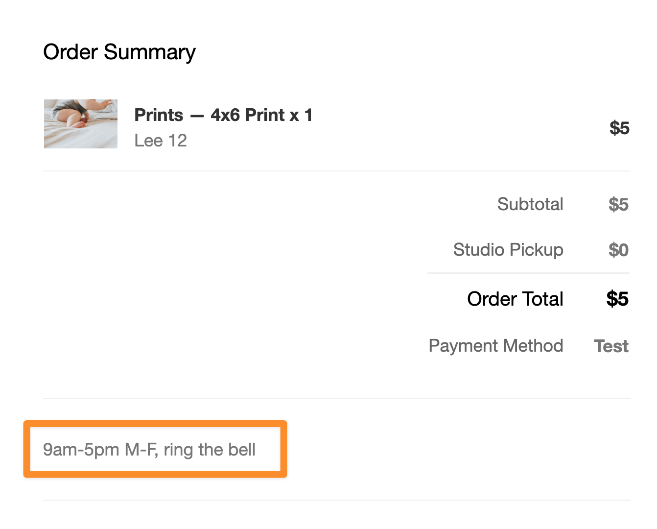 Customer order receipt with pickup location details and instructions displayed below the order summary