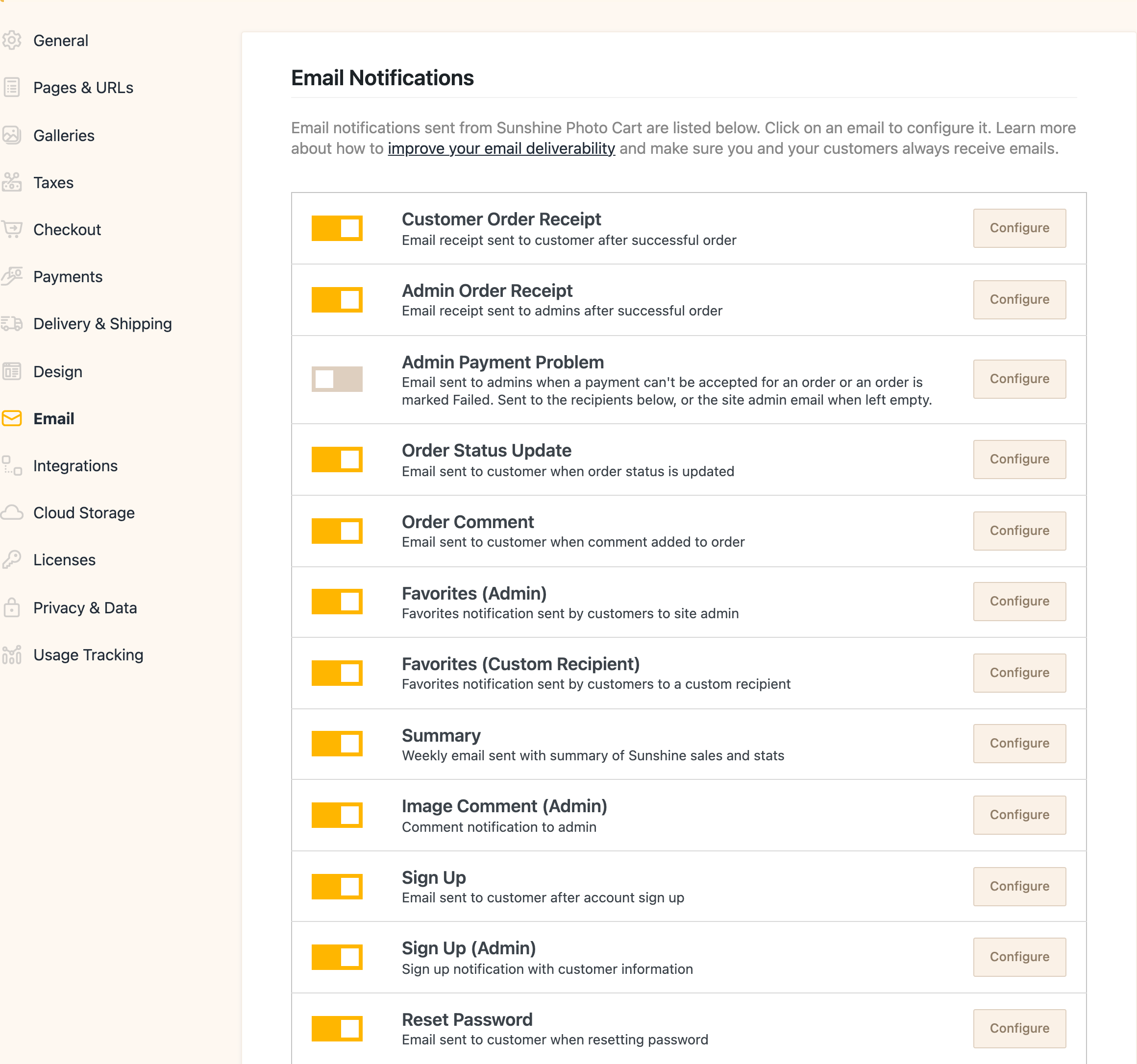 The list of Sunshine emails, each with an on/off switch and a Configure button